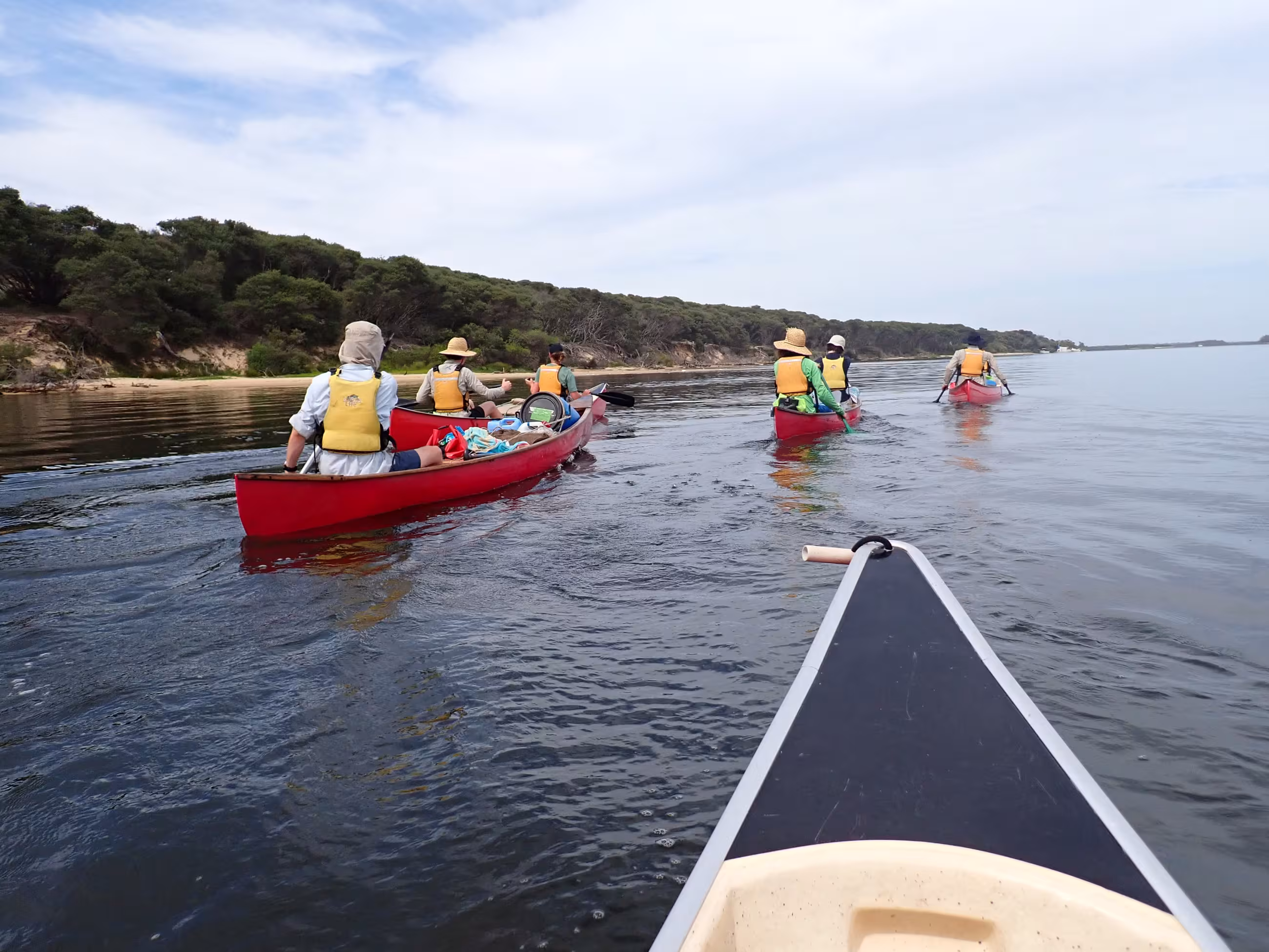 People in red canoes paddling on a lake next to a big sand dune